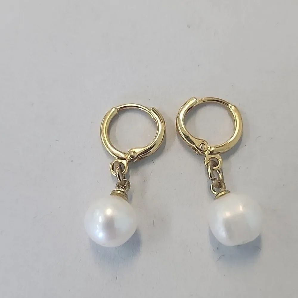 Gold Tone Huggie Faux Pearl Earrings